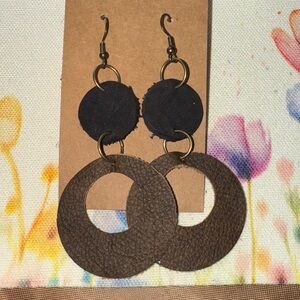 Elegant Black and Brown Leather Circle Earrings